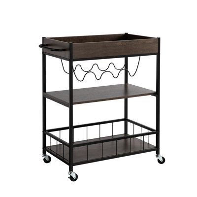 Chariot de cuisine roulant - 3 et 4 porte-bouteilles. Cadre en métal brun et noir. Roues verrouillables robustes. Tablettes pour tomber. Capacité de poids maximale de 100 lb. Chaque tablette peut supporter jusqu'à 10 lb. Boutiques