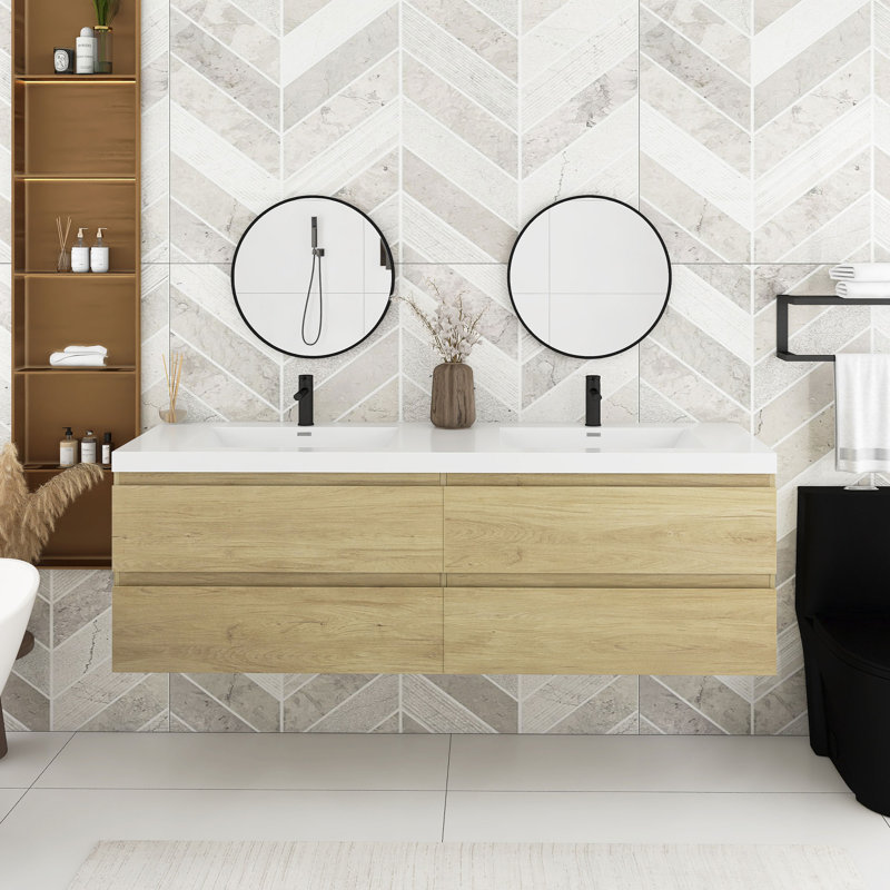 Free Standing Single Bathroom Vanity with Solid Surface Top, Natural Oak