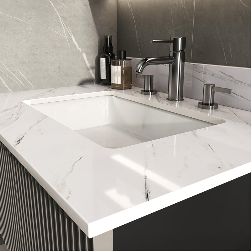 31 Inch Marble Vanity Top, White Vanity Top with Pre-drilled Faucet Holes, Bathroom Vanity Top with Undermount Rectangular Middle Sink and 4" Height Backsplash