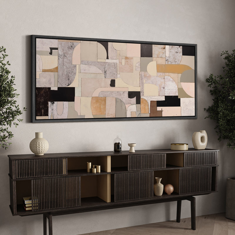 Collage architectural abstrait de style Mid-Century, H 30 po x l 60 po, Noir, noir, noir, noir