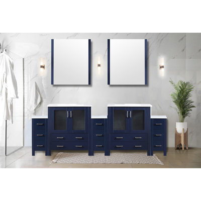 96 In. W Navy Blue Double Bath Vanity With Side Cabinets, White Ceramic Counter, Solid Wood Structure Build, Soft - Closing Interior 13 Drawers For Storage Space, Scratch Surface, Pre Drilled Faucet