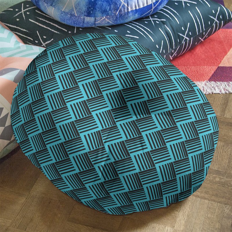 Coussin de sol classique à rayures Baskettressées, 26 po x 26 po, Bleu sarcelle/noir