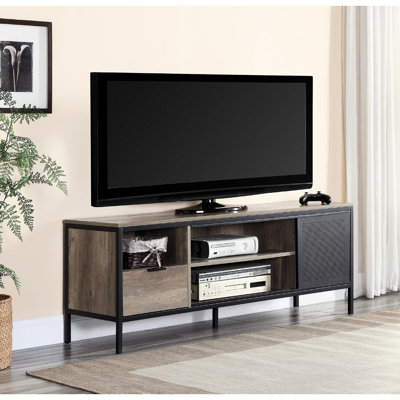 50 - 59 Inch Tv Stand With Rustic Oak Appearance And Black Metal Structure, 1 Drawer 4 Storage Spaces For Setup Stand, Oak, Frame, Drawer, Zones, Home Media