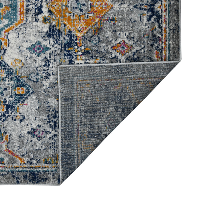 Blue and Orange Rectangular Synthetic Reversible Area Rug