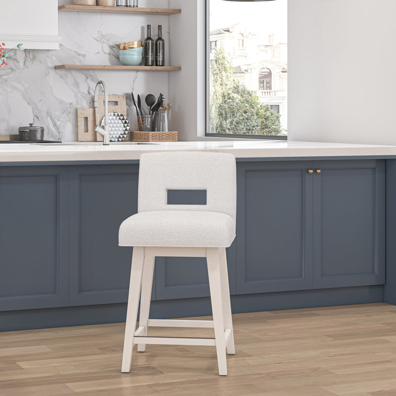Tabouret pivotant à dossier clé en bois et tissu d'ameublement, Siège en sel / cadre blanc pur