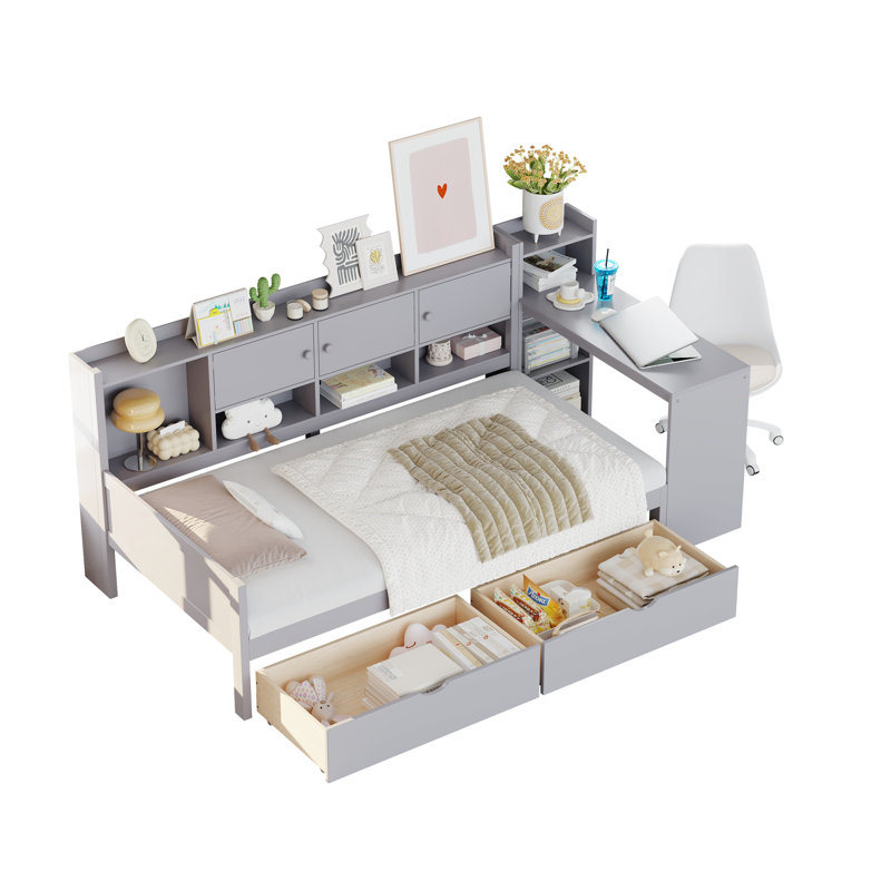Lit de jour gris en L avec 3 armoires de rangement, 2 tiroirs, bureau et tablette - espace pour les petites pièces