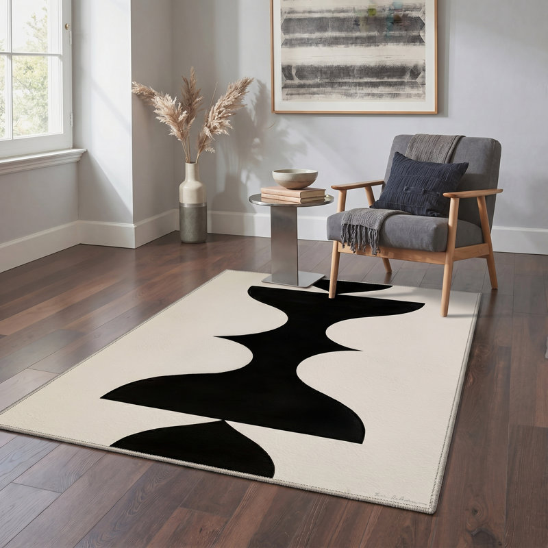 Tapis d'intérieur beige / noir lavable à la machine avec envers antidérapant Vesselum, Rectangle 9' x 12'