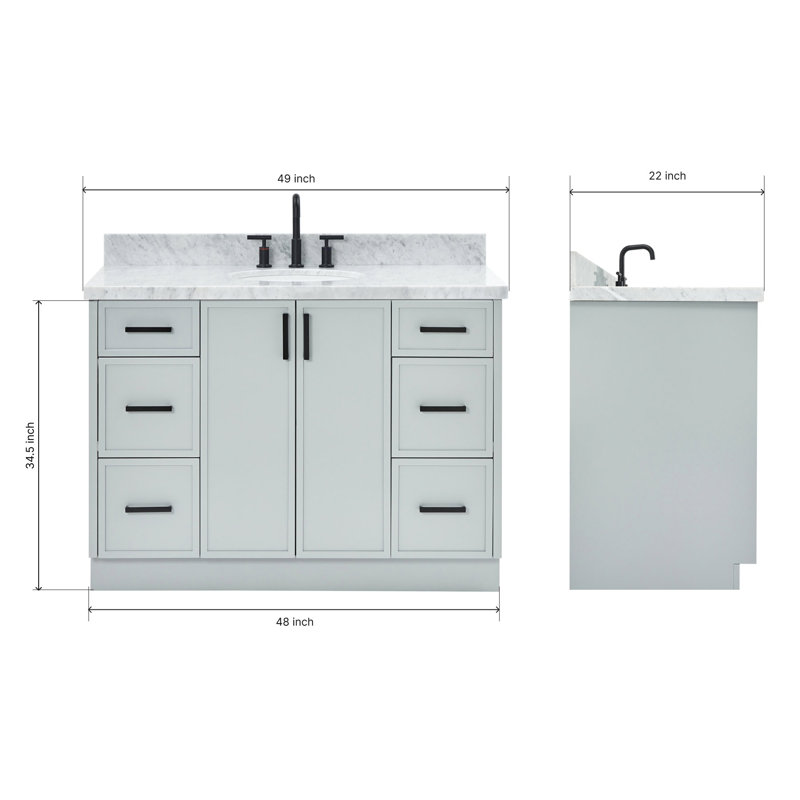 ARIEL Kelly 49 Single Sink Bathroom Vanity with Italian Carrara Marble Top, Gray, 49"