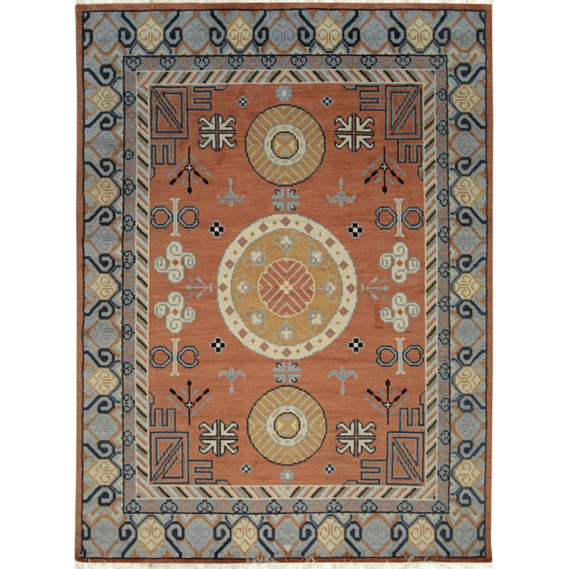 Coral Hand-Knotted Wool Geometric Medallions Modern Contemporary Carpet Rug, 9' x 12'
