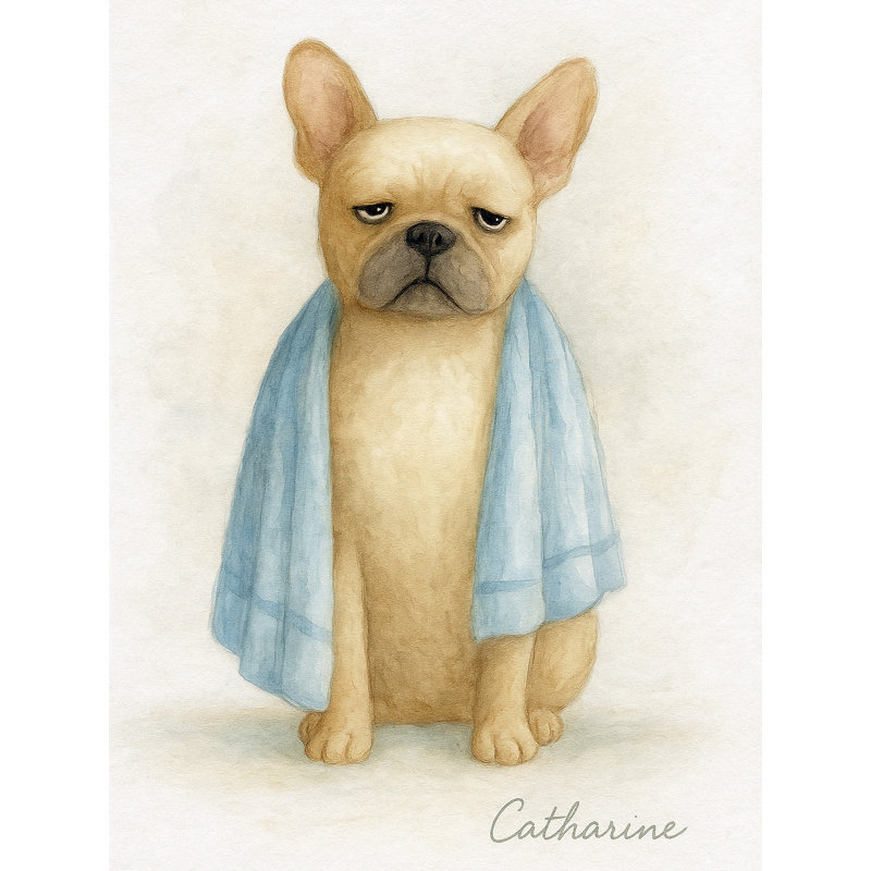 «Bubble Blues» - Art mural sur toile humour de salle de bain bouledogue français