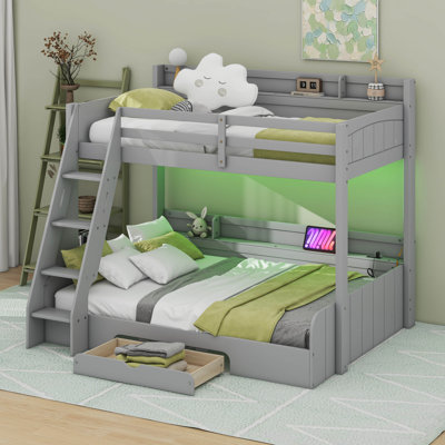Twin Over Full Bunk Bed With Storage Shelves And Drawer, LED Lights And Charging Station