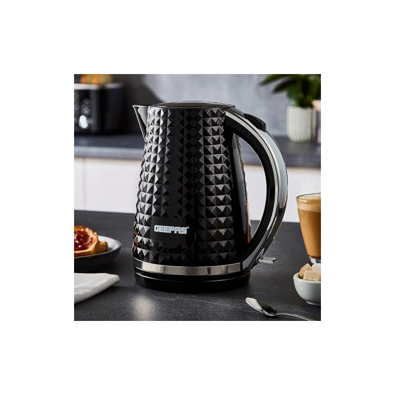GEEPAS Electric Kettle 4 Slice Bread Toaster & Microwave Kitchen Set | 2200W 1.7L Textured Cordless Kettle | 1750W Toaster With 7 Level Browning Control | 700W Solo Manual Dial Microwave 20L | Black