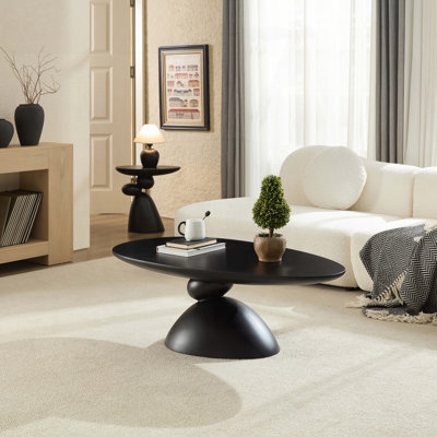 Table basse ronde avec base galet empilé - gris pierre moucheté clair