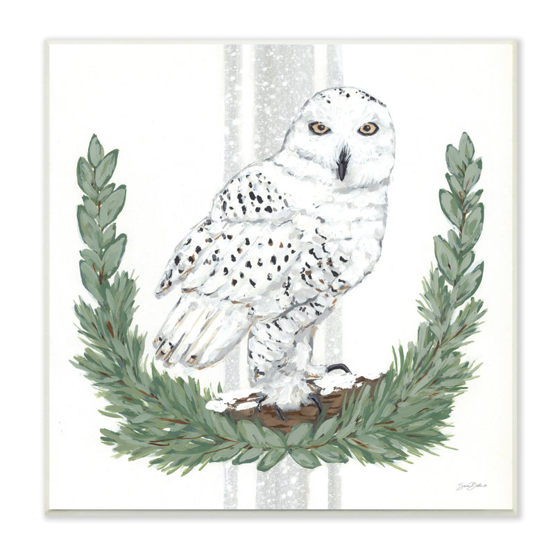Illustration de charmants lauriers entourant un hibou des neiges par Sara Baker - dessin, H 12 po x l 12 po x P 1,5 po