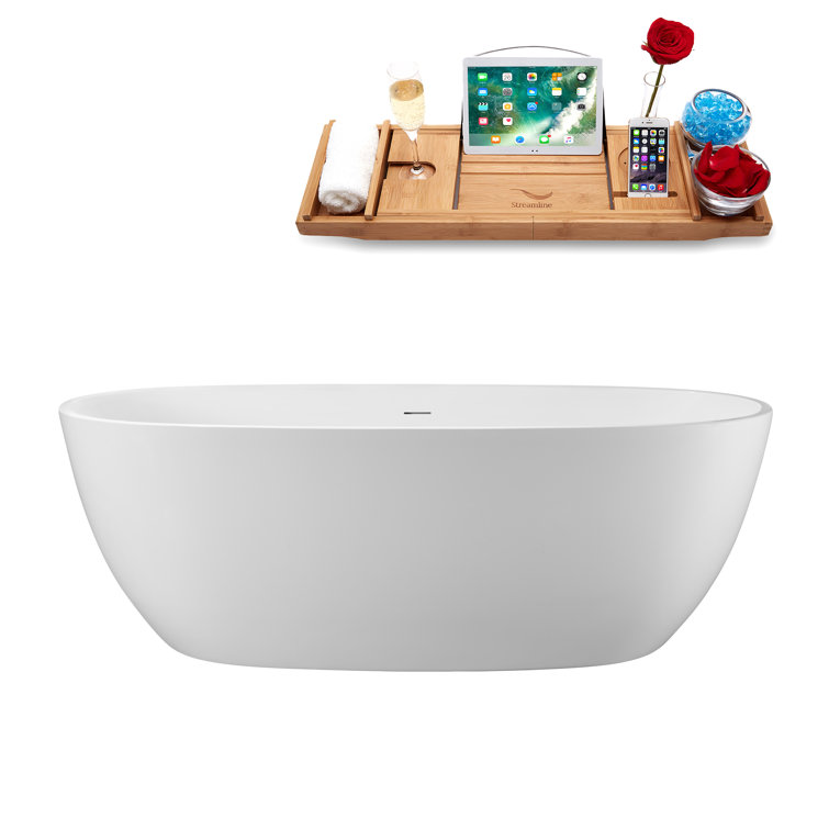 67" Streamline Soaking Glossy White Freestanding Tub and Tray With Internal Drain