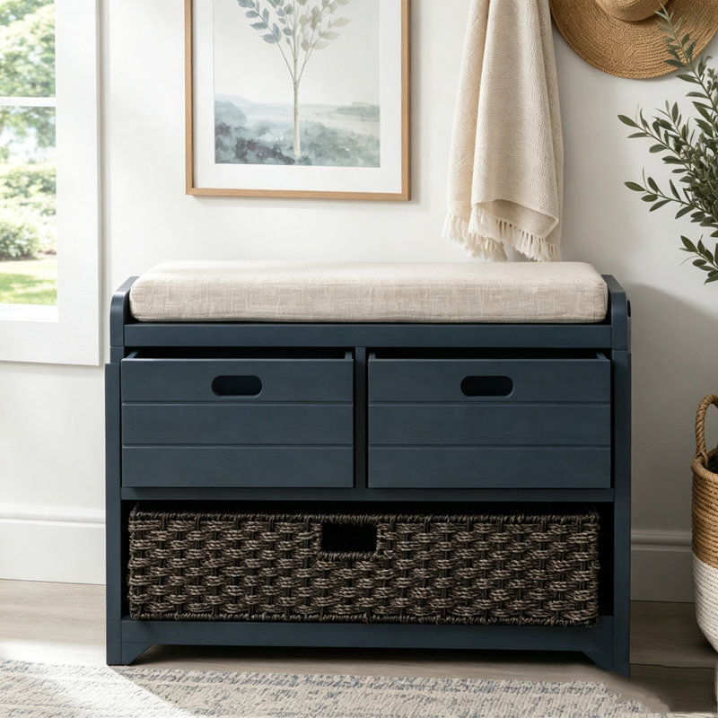 Banc de rangement entièrement assemblé avec panier et tiroirs amovibles, Marine