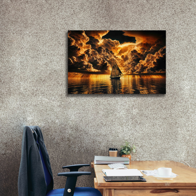  «Sail Boat Under Black & Yellow Sky» par Rey Klimt, art mural sur toile, 40 po x 26 po, H 26 po x l 40 po