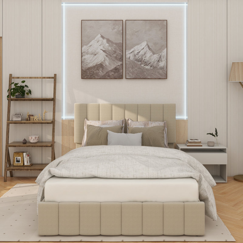 Upholstered Linen Standard Bed, Full, Beige