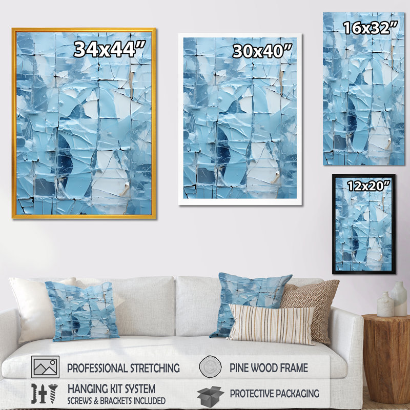 Blue Frosty Collage II - Abstract Collages, art mural, H 32 po x l 16 po x P 1 po, Cadre simple noir