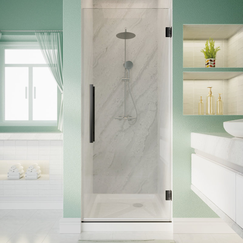Porte de douche à charnière sans cadre l 30 po x H 72 po avec verre trempé 5/16 po, Clair, Noir mat