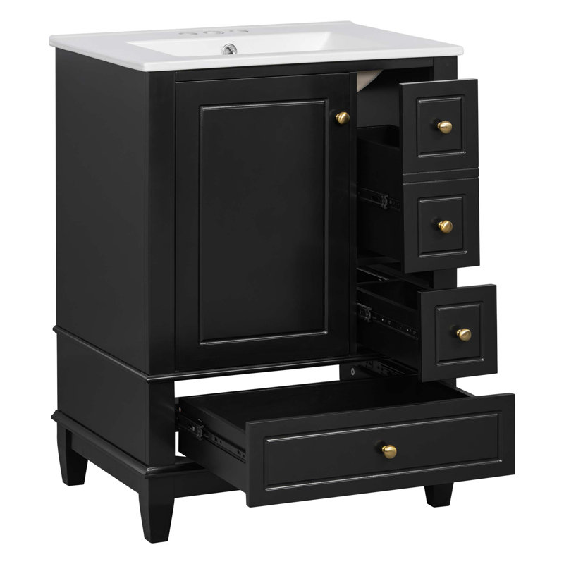 Meuble-lavabo 24 po avec lavabo et tiroirs, meuble-lavabo autoportant avec comptoir en céramique et tablettes de rangement, panneau de fibres à densité moyenne et base en bois massif, meuble-lavabo moderne pour petites salles de bain