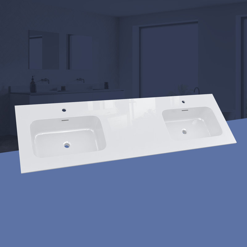 Dessus de meuble-lavabo double 72 po à surface solide 72 po, comptoir mince de 0,56 po d'épaisseur, design moderne blanc éclatant, léger et facile à installer