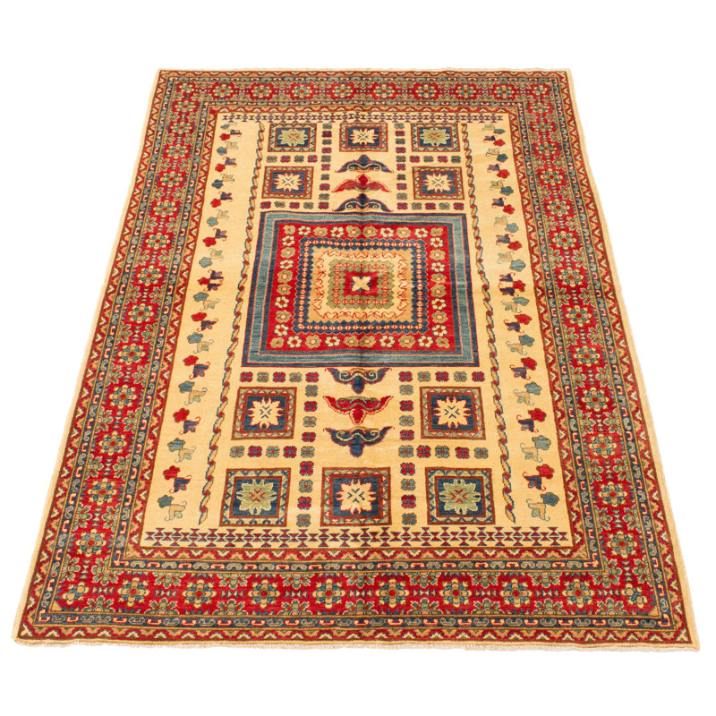 Tapis rouge en laine noué à la main de conception unique 6 pi 4 po x 9 pi 6 po Helju