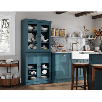 Garde-manger 100% bois massif Kaniesha 32 po avec portes en verre transparent, 2 tiroirs et tablettes réglables