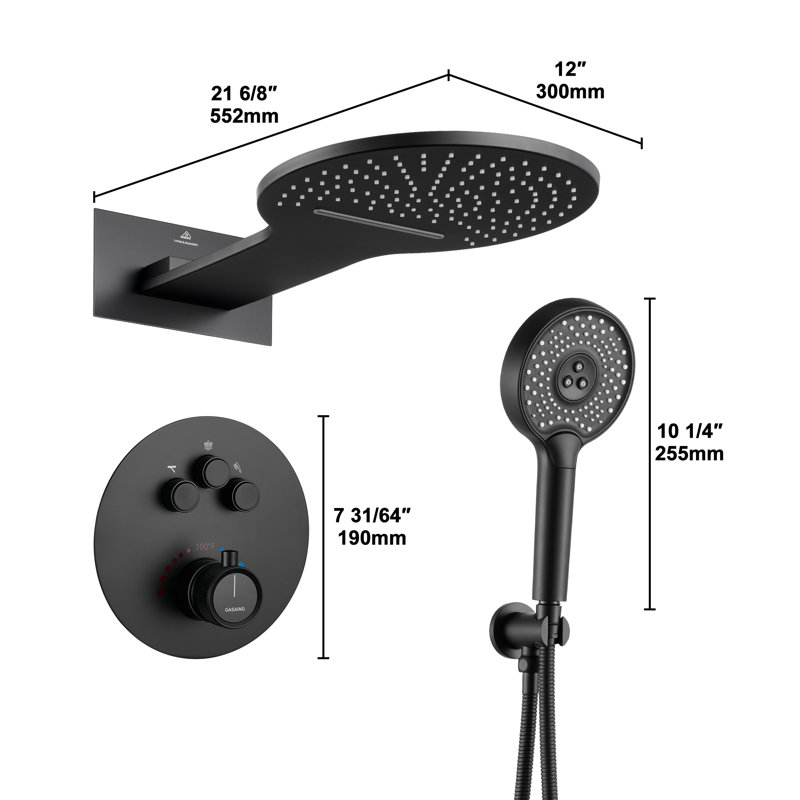 Système de douche à pluie avec thermostatique Rainier, Noir mat