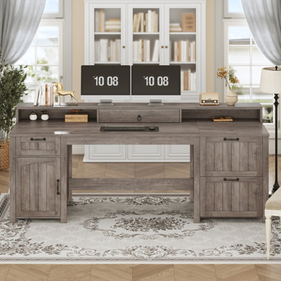 Farmhouse 63" Executive Desk, Wood Computer Desk With Drawers And Storage Cabinet, Home Office Desk With File Drawer And Monitor Stand, Wood Desk For Work Study Writing