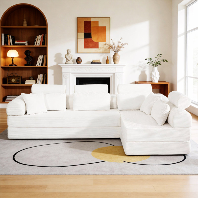 Boneless L Shape Modular Sectional Sofa, Compressed Sectional Sofa Modern Minimalist Style Corduroy Couch,Unfold Into A Bed, Bedroom, Comfy Compressed Sofa Couch Space-Efficient Design