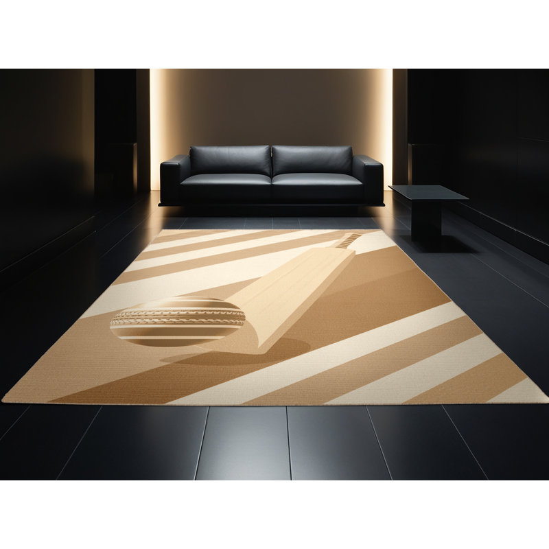 Machine Washable Oviedo Cricket Bat Ball Classic Striped Rug in Beige – Beige Binding, 2x5