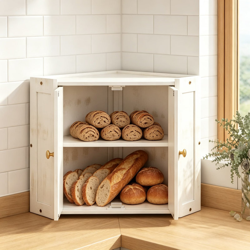 Boîte à pain en bambou pour comptoir avec porte magnétique, double compartiment de rangement, étagères réglables, Blanc
