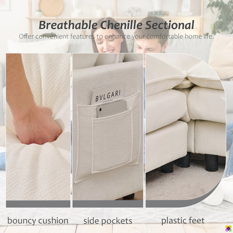 Praylow 101.9"W Modular Chenille L-shape Sectional, Beige Chenille