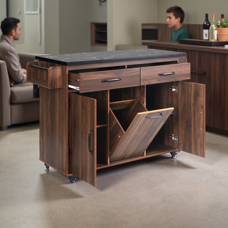51" Kitchen Island Cart with Drop Leaf, Trash Can Storage Cabinet, Spice Rack & Wheels – Mobile or Stationary