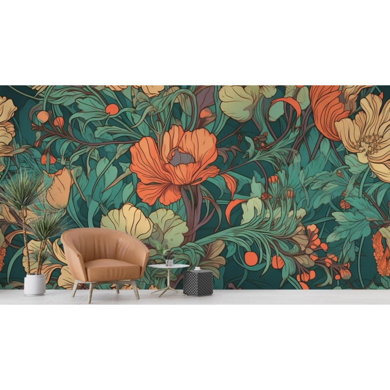Papier peint floral orange sarcelle, L 118 po x l 236 po