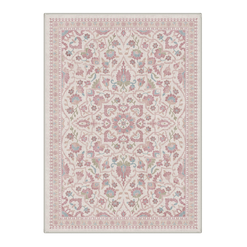 Aura Vintage Floral Machine Washable Pink Indoor Area Rug with Non-Slip Backing, Rectangle 5' x 7'