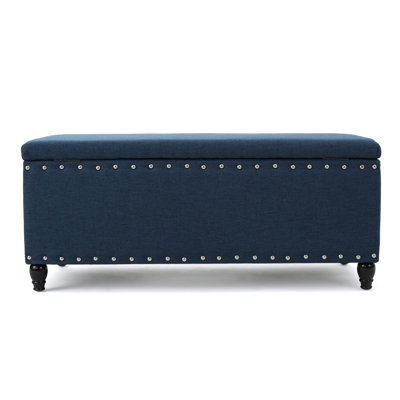 Navy Blue Fabric Storage Bench Ottoman with Birch Legs, 42" Rectangular Footrest