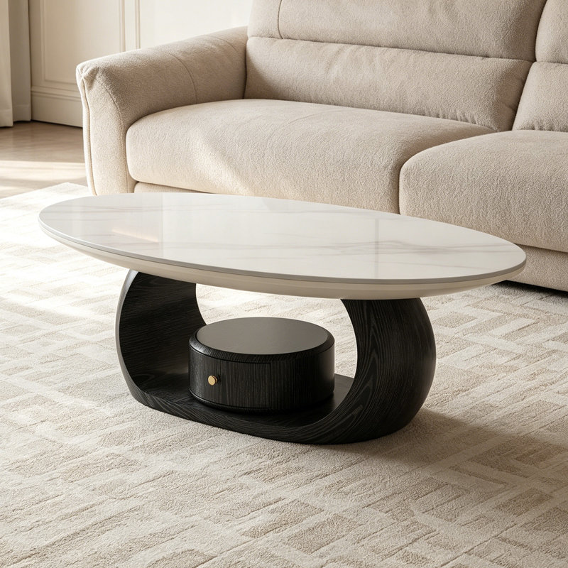 Table basse ovale avec rangement Modern Home, H 15,74 po x l 47,24 po x P 27,55 po, Blanc/Noir
