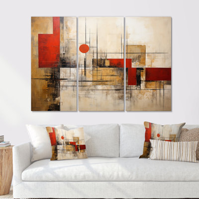 Red Moon Gold Cubist Abstract - Geometric Wall Art Print Set