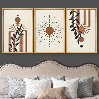 «Boho Mid-Century Geometric Monstera Palm Leaf Abstract Art Modern Art Landscape Colorful», 3 pièces