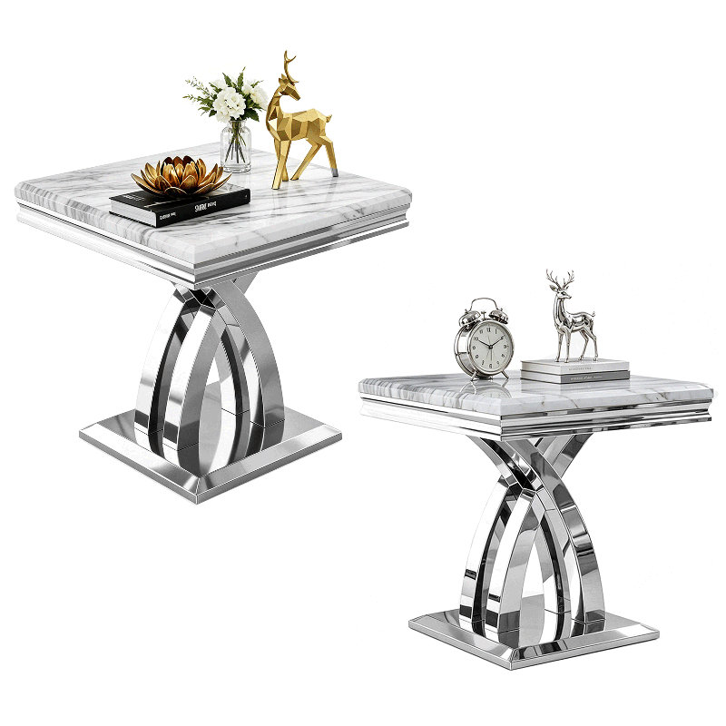Ensemble de 2 tables d'appoint blanches et argentées, tables d'appoint carrées de luxe avec pattes en X, 2