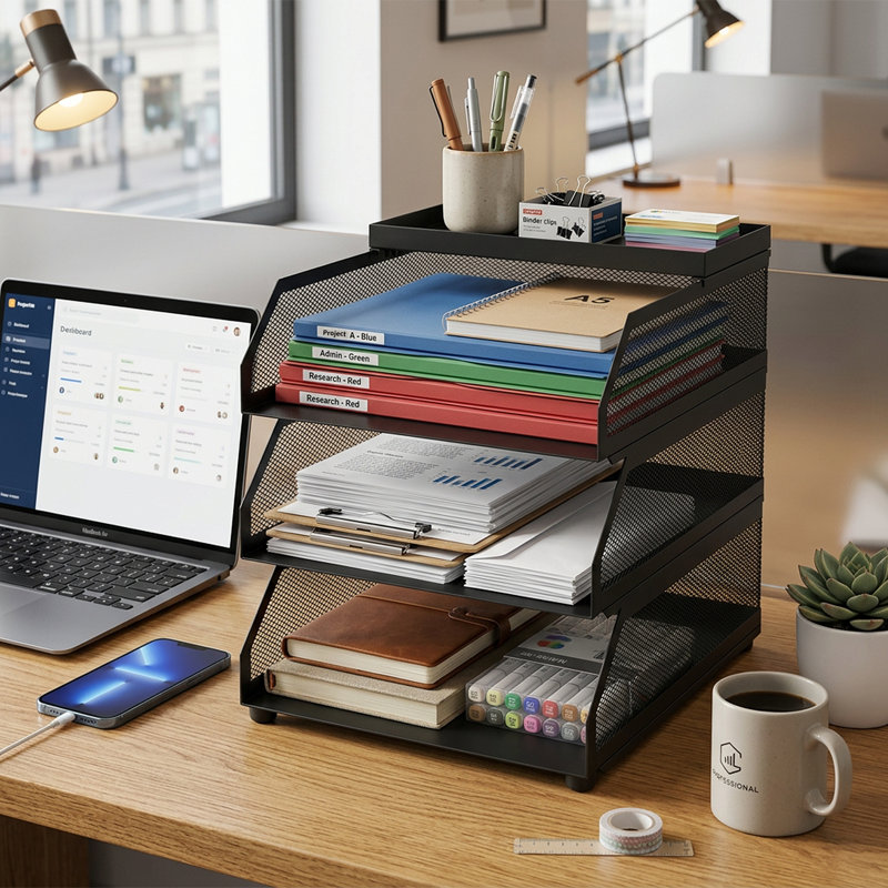 Organisateur de bureau empilable en filet - plateau de documents en métal noir à 3 niveaux avec tablette supérieure - porte-lettres incliné et dossier - support de bureau durable résistant aux marques - 3 couches