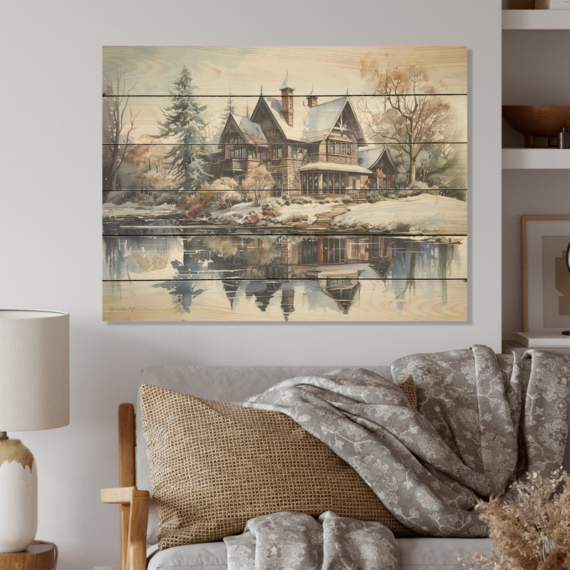 Lakehouse In Winter Charm - Lakes Lakehouse Wood Wall Art On Natural Pine Wood, 10" H x 20" W