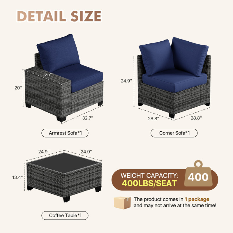 2 -Person Rattan Patio Safo With Cushions, Navy, Gray