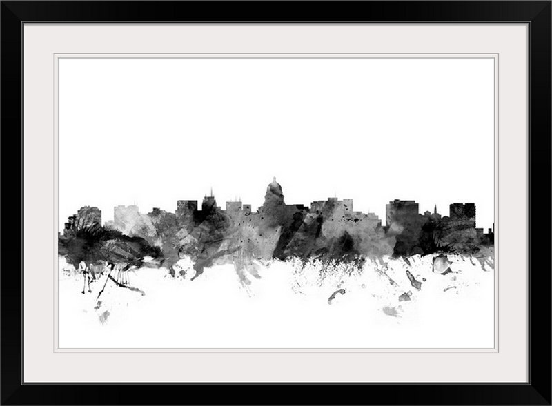 «Francy Madison Wisconsin Skyline» par Michael Tompsett, impression, Cadre noir, H 24 po x l 32 po x P 1 po