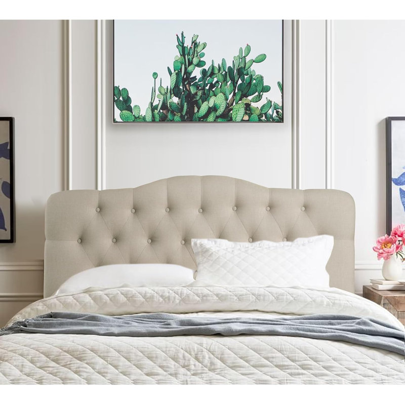 Linen Upholstered Headboard-Modern-Adjustable Height-Button Tufting, Beige, Queen