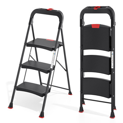 3 Step Ladder, Heavy Duty Step Stool with Tool Tray and Anti-Slip Wide Pedal, Portable Steel Folding Ladder , 800 Lbs Capacity