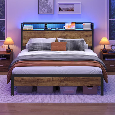 Bed Frame with LED & USB Ports, Metal Platform Bed with Storage Headboard, Brown