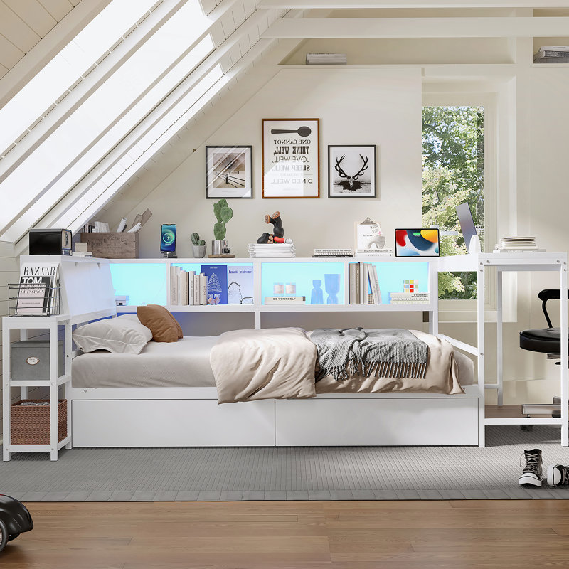 Cadre de lit d'angle avec 2 tiroirs de rangement sous le lit, lit moderne avec lumière DEL et station de charge, Blanc ancien